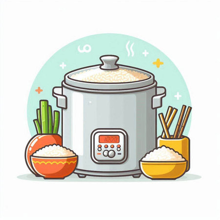 Cooking rice in a rice cooker. Vector illustration in cartoon style.のイラスト素材