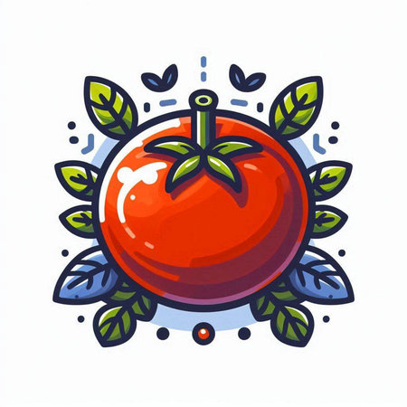 Tomato icon. Vector illustration of a tomato with green leaves.のイラスト素材