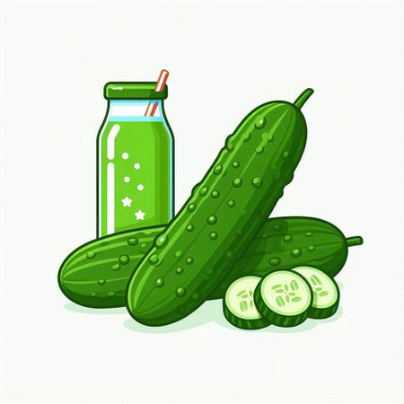 Cucumber juice in a glass and fresh cucumbers. Vector illustration.のイラスト素材