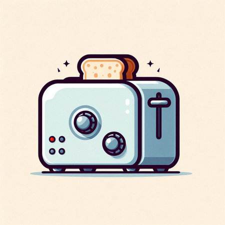 Vector illustration of a cartoon toaster with bread on a beige background.のイラスト素材