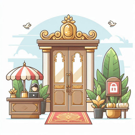 Cartoon illustration of an entrance to a cafe. Vector illustration.のイラスト素材