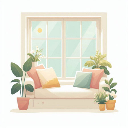 Illustration of a cozy living room with a sofa, pillows and flowersのイラスト素材