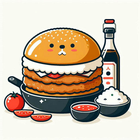 Cute cartoon hamburger with sauce and tomato. Vector illustration.のイラスト素材