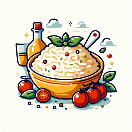 Illustration of a bowl of rice with tomatoes and olive oil.のイラスト素材