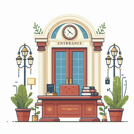 Vector illustration of a library building with books, bookshelf, clock and lamps.のイラスト素材