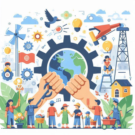 Save the planet concept. Flat vector illustration of people working together to save the planet.のイラスト素材
