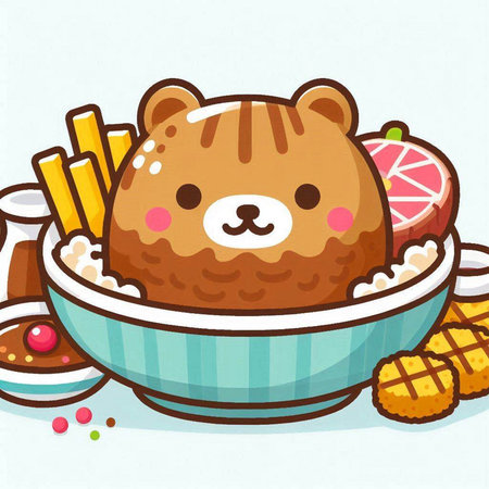 Illustration of a Cute Bear in a Bowl with Rice and Vegetablesのイラスト素材