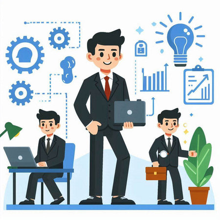 Businessman standing with laptop in his hands. Flat style vector illustration.のイラスト素材