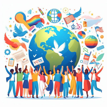 International Day of Peace concept. Group of diverse people with international symbols around the globe. Vector illustrationのイラスト素材