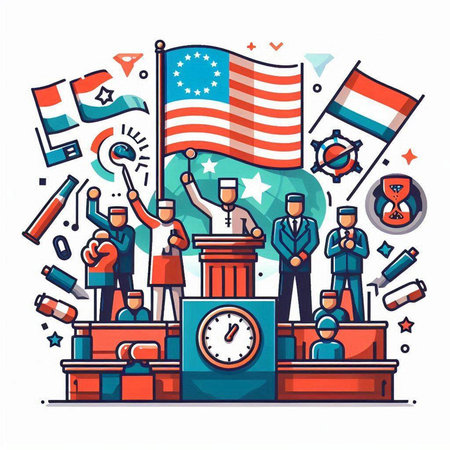 Vector illustration of people at podium with american flag on white background.のイラスト素材