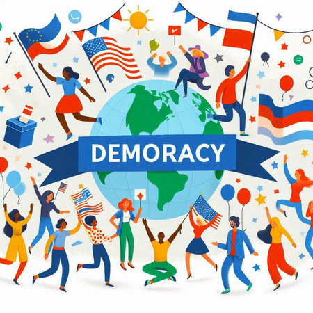 Diverse people with flags and balloons around the world. Vector illustration.のイラスト素材