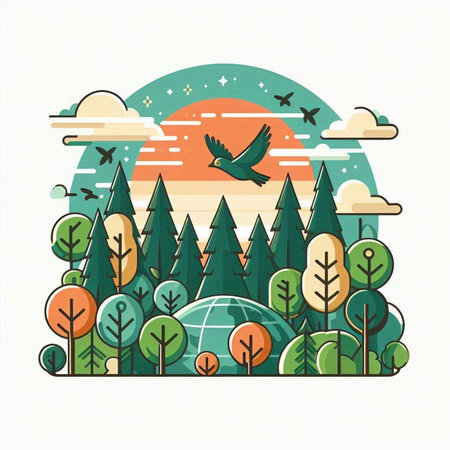 Ecology concept. Vector illustration in flat style. Forest and bird.のイラスト素材