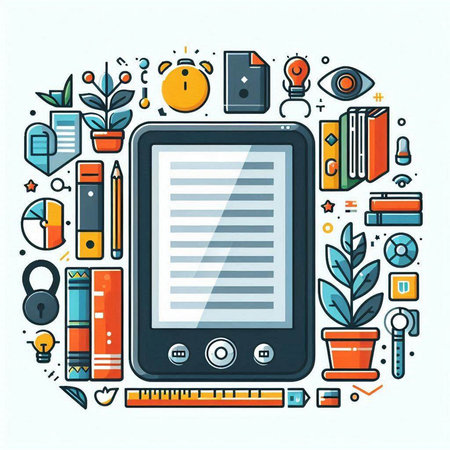 Vector line art flat design illustration of electronic education concept with tablet, books, pencils, stationery and other objects on white background.のイラスト素材