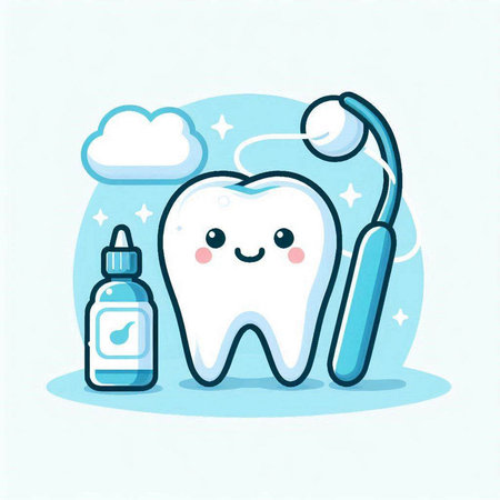 Cute cartoon tooth with toothbrush and toothpaste. Vector illustration.のイラスト素材