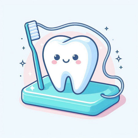 Cute cartoon tooth with toothpaste and toothbrush. Vector illustration.のイラスト素材