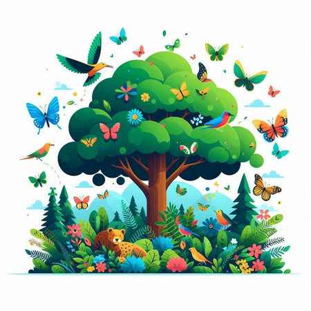 Nature background with tree, butterflies, flowers and birds. Vector illustration.のイラスト素材