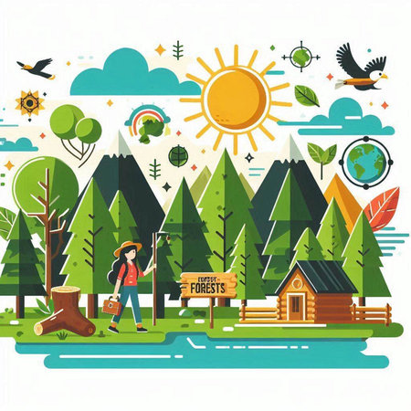 Vector illustration of a girl with a backpack walking in the forest.のイラスト素材