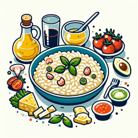 Risotto with cheese, olives and basil. Vector illustration.のイラスト素材