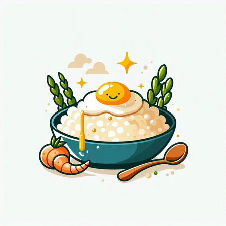 Illustration of a bowl of rice porridge with fried egg.のイラスト素材