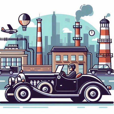 Retro car on the background of the city. Vector illustration.のイラスト素材