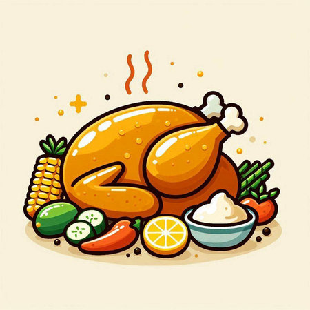 Illustration of a roasted turkey with vegetables and spices, vector illustrationのイラスト素材
