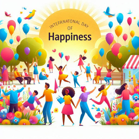 Happy Birthday card with people and balloons in the park. Vector illustration.のイラスト素材
