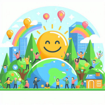 Cartoon vector illustration of happy children playing around the planet Earth in front of the cityのイラスト素材