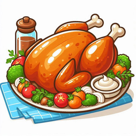 Illustration of a roasted turkey on a plate with vegetables and sauceのイラスト素材