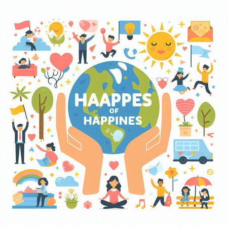Flat design vector illustration concept for World Happiness Day. People around the world.のイラスト素材