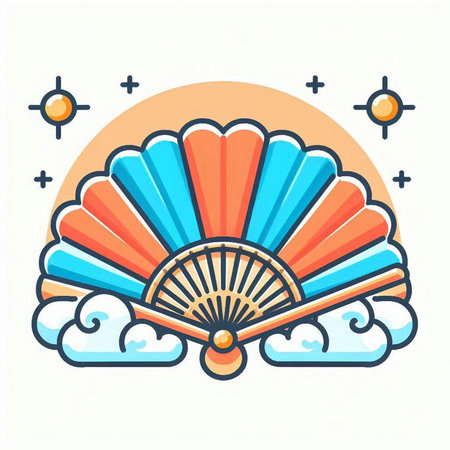Folding fan in the sky. Vector illustration in a flat styleのイラスト素材