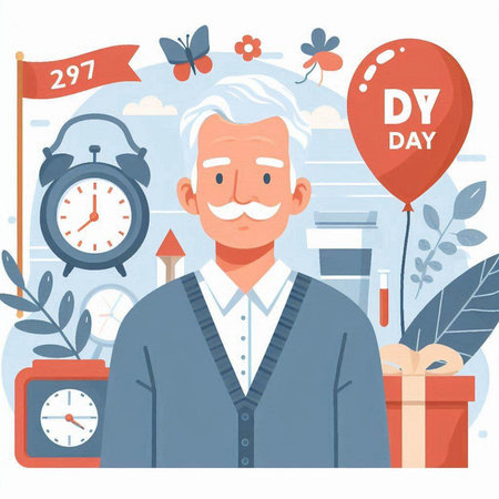 Happy senior man with gift box in flat style. Vector illustration.のイラスト素材