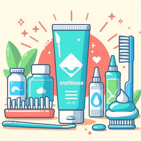 Vector illustration of toothbrush, toothpaste, toothpaste, toothpaste, toothbrush, toothpaste.のイラスト素材