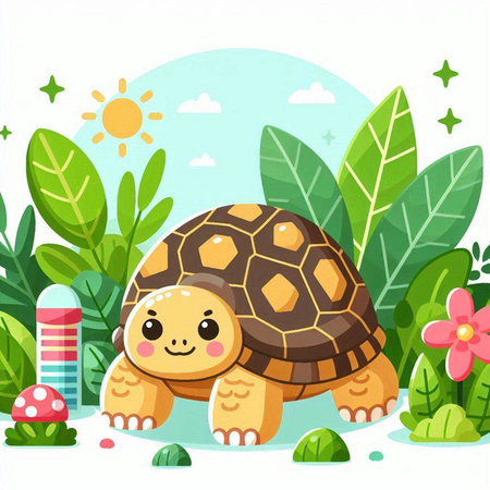 Cute Cartoon Tortoise in the Garden. Vector Illustration.のイラスト素材