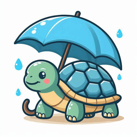 Cute cartoon turtle with umbrella on white background. Vector illustration.のイラスト素材