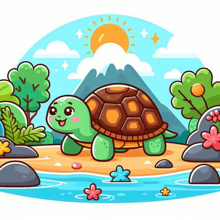 Cartoon turtle on the seashore. Vector illustration in a flat styleのイラスト素材