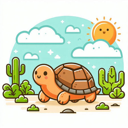 Cute cartoon turtle on the background of the desert. Vector illustrationのイラスト素材