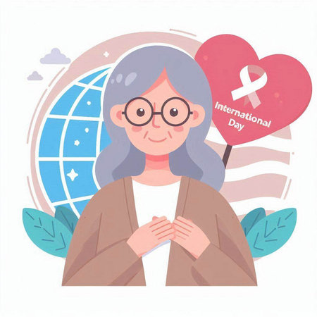 Vector illustration of a senior woman with a heart and a ribbon in her hands.のイラスト素材