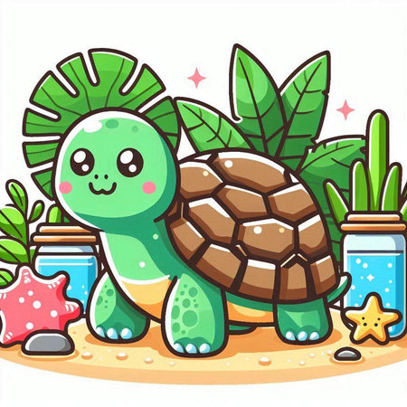 Cute Turtle Cartoon Character with Milk Bottle, Starfish and Tropical Plantsのイラスト素材