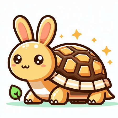 Cute cartoon turtle and bunny on white background. Vector illustration.のイラスト素材