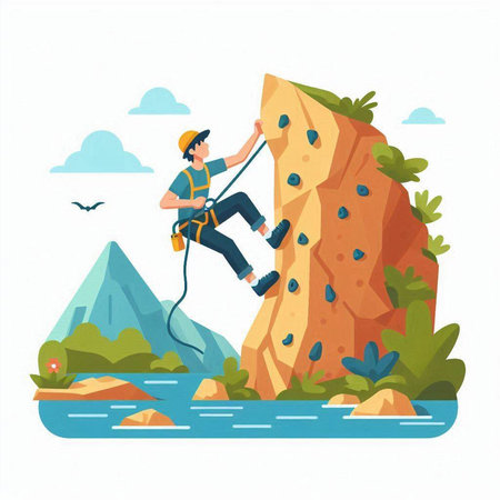 Rock climber on the cliff. Vector illustration in flat style.のイラスト素材