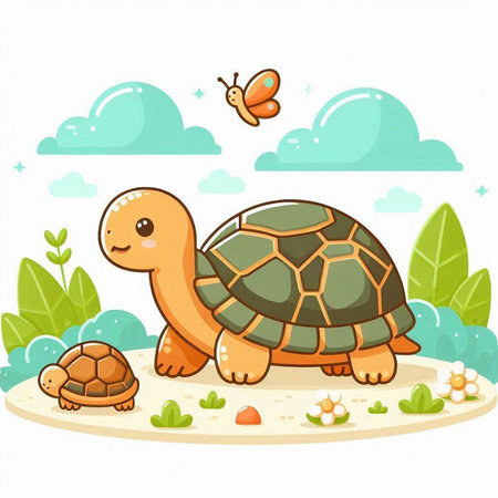 Cute cartoon turtle on the sand in the park. Vector illustrationのイラスト素材