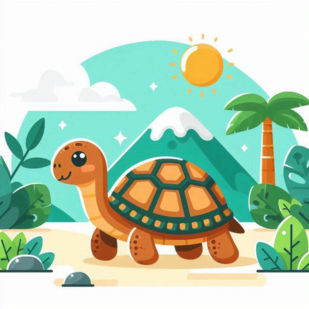 Turtle in the desert with palm trees and mountains. Vector illustrationのイラスト素材