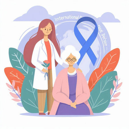 Vector illustration of an elderly woman with a caregiver and a blue ribbon.のイラスト素材