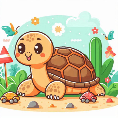 Cute cartoon turtle on the sand in the garden. Vector illustrationのイラスト素材