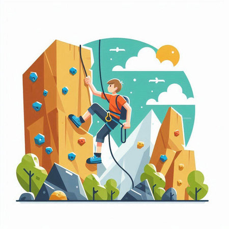 Vector illustration of a boy climbing a rock wall in the mountains.のイラスト素材