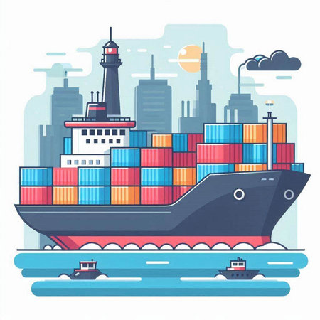 Cargo ship with containers on the background of the city. Vector illustrationのイラスト素材