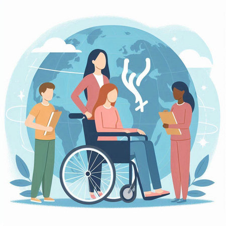 Disabled woman on wheelchair with her friends. Flat vector illustration.のイラスト素材