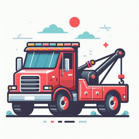 Flat vector illustration of a red tow truck with crane on the road.のイラスト素材