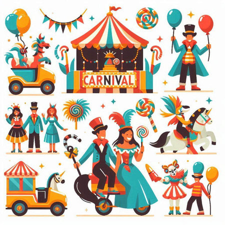 Amusement park carnival flat icons set with clowns, carousels and clowns isolated vector illustrationのイラスト素材