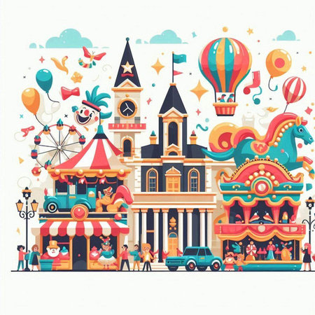 Amusement park vector illustration. Cartoon amusement park with childrens rides and clowns.のイラスト素材